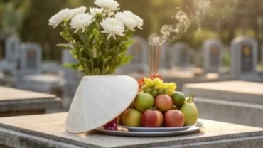 Mâm lễ vật hoa trắng trang trọng chuẩn bị cho nghi thức đọc văn khấn viếng mộ Cô Sáu tại Côn Đảo