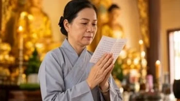 Phật tử chắp tay cung kính đọc văn khấn Vu Lan tại chùa trước ban Tam Bảo trang nghiêm
