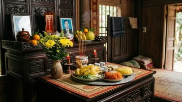 Mâm lễ cúng và văn khấn xả tang được chuẩn bị trang nghiêm trên bàn thờ gia tiên truyền thống