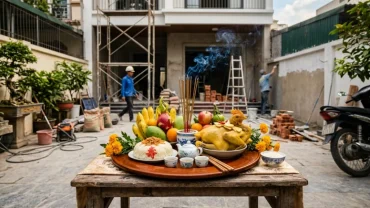 Mâm lễ vật tươm tất và tờ văn khấn xây sửa nhà đặt trên bàn trước công trình đang thi công