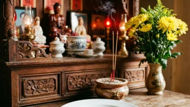 Mâm lễ vật trang nghiêm và đồng xu cổ dùng trong nghi thức đọc văn khấn xin đài âm dương tại bàn thờ gia tiên
