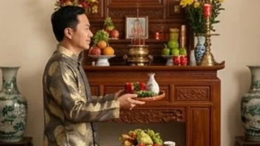 Trưởng đoàn nhà trai thực hiện nghi thức đọc văn khấn xin dâu trước bàn thờ gia tiên nhà gái