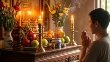 Gia chủ chắp tay trang nghiêm đọc văn khấn xin gia tiên phù hộ trước bàn thờ truyền thống