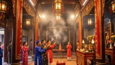 Mâm lễ vật trang trọng và người dân thành tâm cầu nguyện trước chánh điện Miếu Bà Chúa Xứ