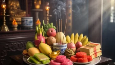 Mâm lễ vật tươm tất dâng lên Miếu Bà Phi Yến cùng bài văn khấn xin lộc Bà Phi Yến cầu tài lộc kinh doanh