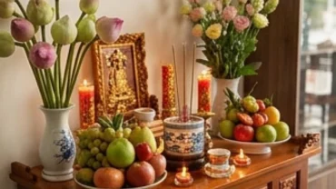 Bàn thờ Thần Tài Thổ Địa được bày biện trang trọng để đọc văn khấn xin lộc buôn bán hàng ngày