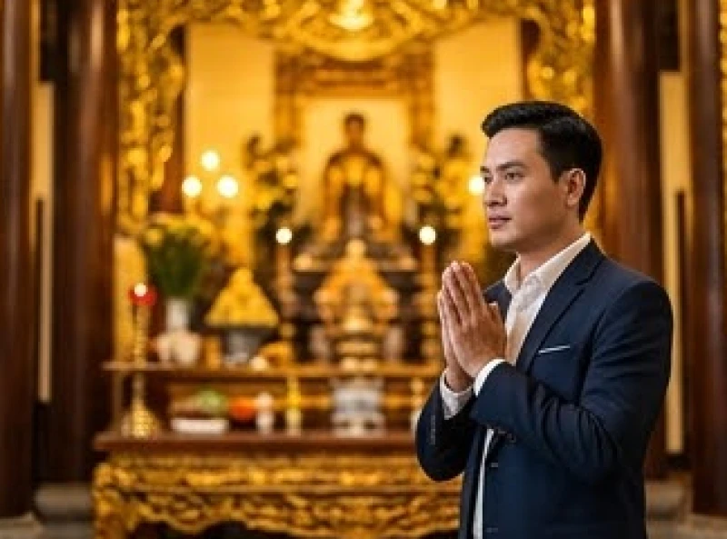 Tiểu thương chắp tay thành kính khấn nguyện tài lộc và sự hanh thông trong giao thương
