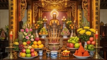 Người hành hương dâng mâm lễ tươm tất bái yết xin lộc tại đền Chúa Thác Bờ trong không gian linh thiêng
