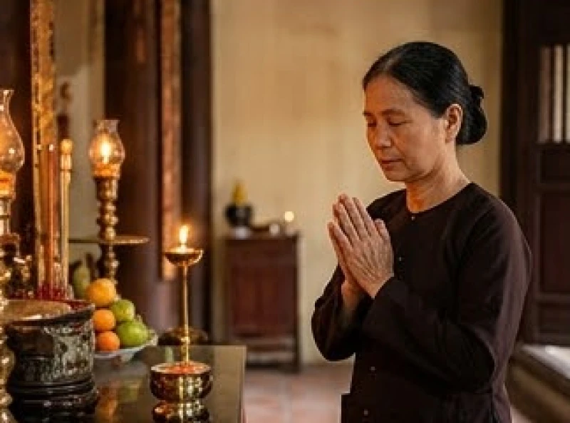 Tín chủ giữ tâm thanh tịnh, chắp tay nhẩm đọc văn khấn xin lộc Chúa Thác Bờ