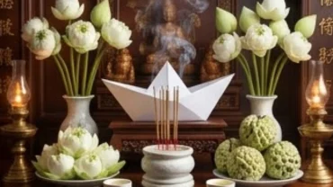 Mâm lễ vật sắc trắng thanh khiết cùng bài văn khấn xin lộc Cô Bơ được sắp xếp trang nghiêm tại đền Hàn Sơn