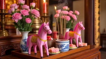 Mâm lễ vật màu hồng trang nghiêm dâng lên ban thờ cùng bài văn khấn xin lộc Cô Chín
