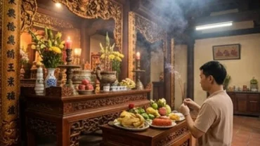 Người dân thành tâm chắp tay dâng hương dâng mâm lễ mặn trước án thờ uy nghi khi đọc văn khấn xin lộc Đền Cửa Ông