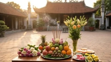 Người dân thành tâm chuẩn bị mâm lễ và đọc văn khấn xin lộc Đền Ghềnh cầu bình an