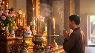 Người hành hương dâng lễ và đọc văn khấn xin lộc Đền Lảnh Giang trước ban thờ trang nghiêm