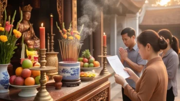 Người dâng hương đọc văn khấn xin lộc Đền Ngọc Sơn trước ban thờ trang nghiêm