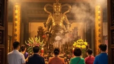Người dân thành tâm dâng hương và đọc văn khấn xin lộc Đền Quán Thánh trước pho tượng đồng đen uy nghi