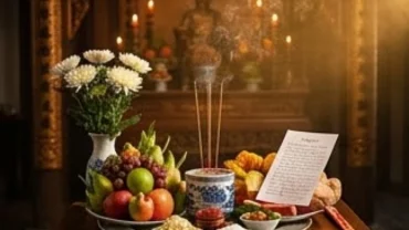 Mâm lễ cúng tươm tất dâng tại đền cùng bài văn khấn xin lộc Đức Thánh Trần cầu bình an