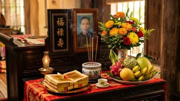 Mâm lễ vật trang nghiêm cùng bài văn khấn xin lộc gia tiên tại nhà giúp gia chủ cầu tài lộc buôn bán thuận lợi
