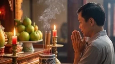 Người đi lễ thành tâm chắp tay đọc văn khấn xin lộc Mẫu Đông Cuông trước ban thờ ngập tràn ánh sáng đỏ ấm áp