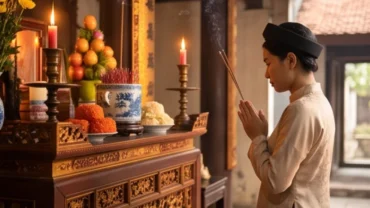 Người dân thành tâm dâng mâm lễ và đọc văn khấn xin lộc Mẫu Hưng Yên tại khuôn viên đền thiêng