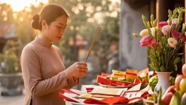 Mâm lễ vật chỉn chu và người hành hương đang thành tâm đọc văn khấn xin lộc Mẫu Sòng Sơn tại Thanh Hóa