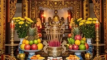 Mâm lễ vật tươm tất và hương khói trang nghiêm chuẩn bị cho nghi thức đọc văn khấn xin lộc Ông Hoàng Mười