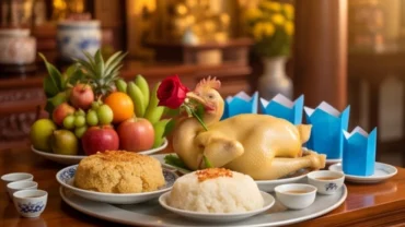Mâm lễ cúng trang trọng chuẩn bị cho nghi thức đọc văn khấn xin lộc Quan Lớn Tuần Tranh tại đền