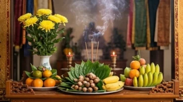 Mâm lễ vật chay trang trọng dâng lên Nhị vị Công chúa khi đọc văn khấn xin lộc tại Đền Giếng Phú Thọ