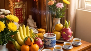 Mâm cúng dâng lên bàn thờ cùng bài văn khấn xin lộc Thần Tài dành cho người kinh doanh buôn bán