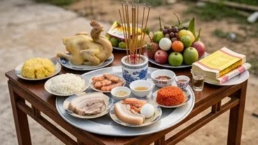 Mâm lễ và bài văn khấn xin phép đào đất làm nhà với đầy đủ bộ Tam sên, xôi gà và hoa tươi