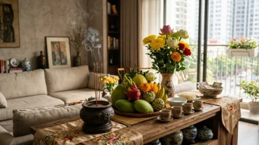 Gia chủ bưng lò trầm hương thực hiện nghi thức và đọc văn khấn xông nhà để thanh lọc không gian sống