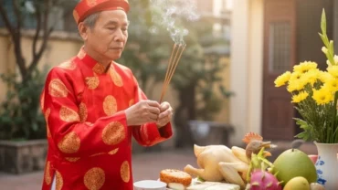 Gia chủ thành kính dâng hương và đọc văn khấn xuất hành đầu năm trước mâm cúng tươm tất