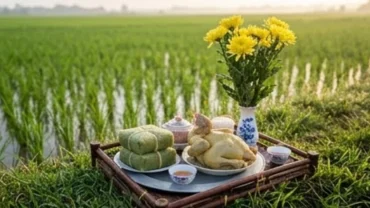 Mâm lễ vật và văn khấn xuống đồng trang trọng đặt trên bờ ruộng lúa đầu mùa.