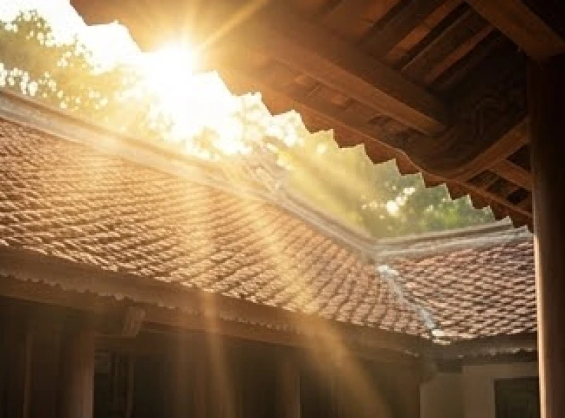 Sao Hạn Tuổi Thìn Năm 2026: Chi Tiết Mâm Cúng Và Văn Khấn 7 Khung cảnh bình minh rực rỡ chiếu qua mái hiên nhà cổ tượng trưng cho vận khí bình hòa