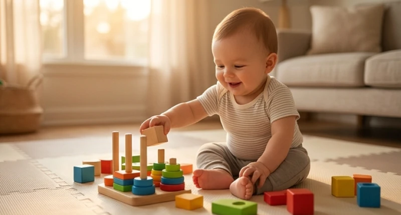 Em bé sơ sinh vui vẻ chơi đùa cùng món đồ chơi giáo dục đầy màu sắc