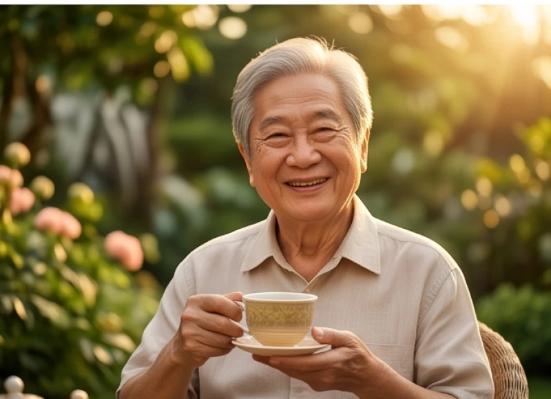 Người lớn tuổi với nụ cười hiền hậu đang thư giãn thưởng trà, thể hiện cuộc sống viên mãn tuổi xế chiều