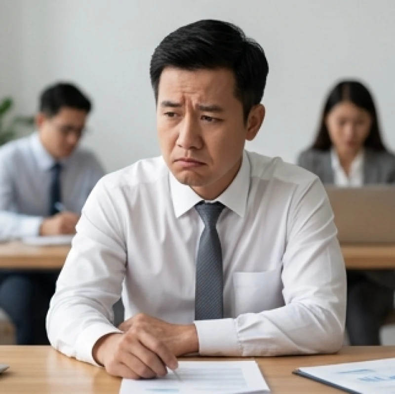 Người doanh nhân có dáng miệng cá chép ngồi trầm ngâm cô độc trong không gian làm việc