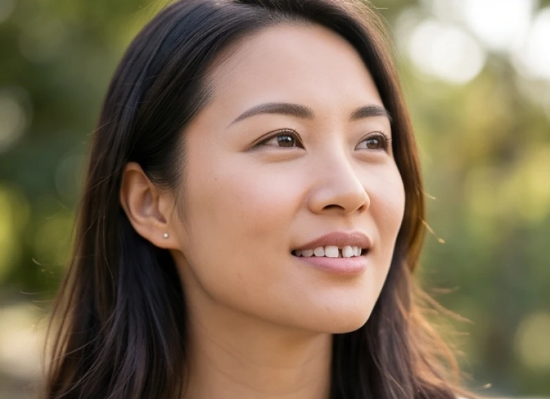 Người phụ nữ Á Đông có tướng răng thưa đang nở nụ cười nhẹ nhàng và suy tư