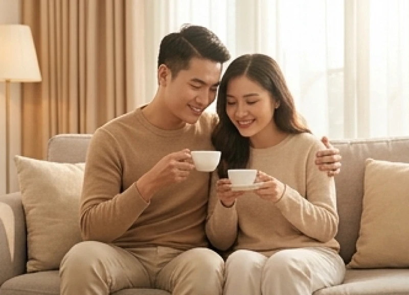 Đôi nam nữ ngồi cạnh nhau cùng uống trà trong không gian thư giãn yên tĩnh