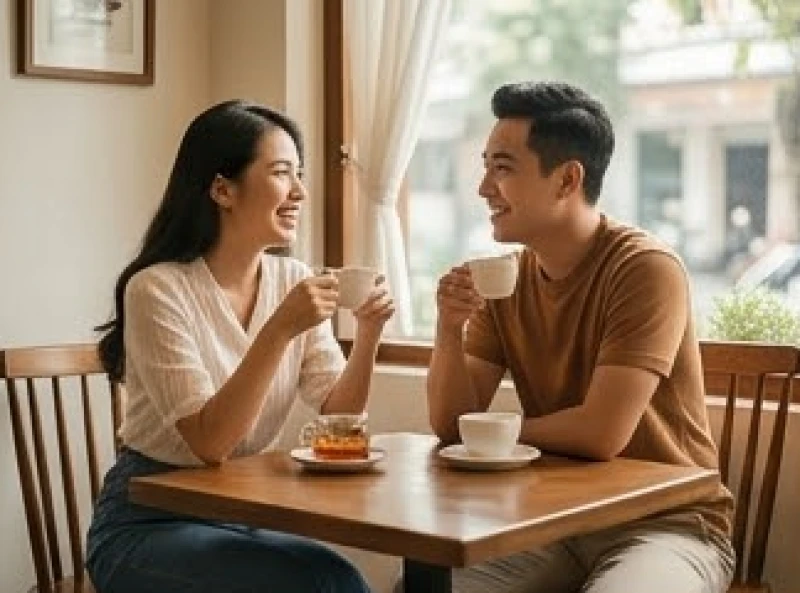 Cặp đôi trẻ ngồi uống trà và trò chuyện vui vẻ trong một không gian quán cà phê ấm cúng