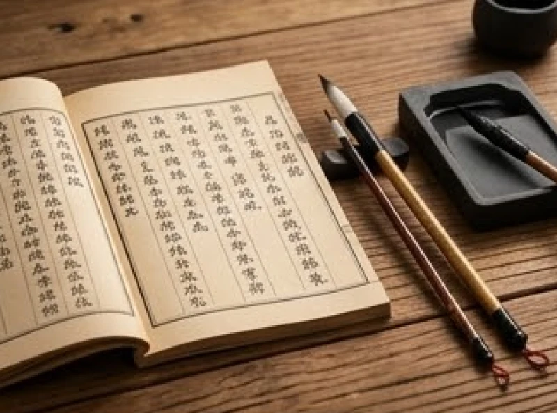 Cuốn sổ ghi chép tử vi và bút lông mực tàu đặt trên bàn gỗ mộc mạc