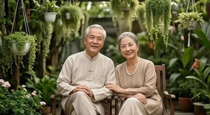 Cụ ông và cụ bà tuổi nhâm ngọ 1942 với phong thái thư giãn trong khu vườn xanh mát