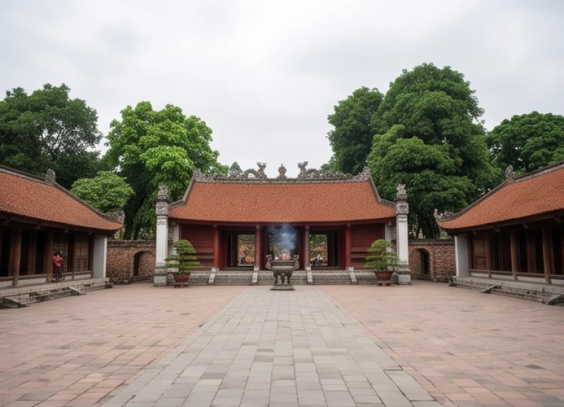 Toàn cảnh khu vực sân chính tại Văn Miếu Quốc Tử Giám với kiến trúc cổ kính trong không gian thanh tịnh