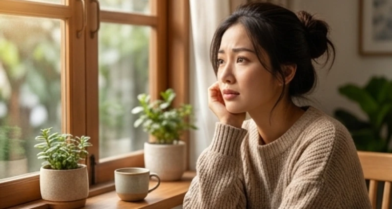 Tình duyên tuổi Mùi năm 2027: Lịch tháng cưới hỏi và cách hóa giải 1 Người vợ ngồi suy tư bên cửa sổ thể hiện sự biến động tình duyên tuổi mùi năm 2027