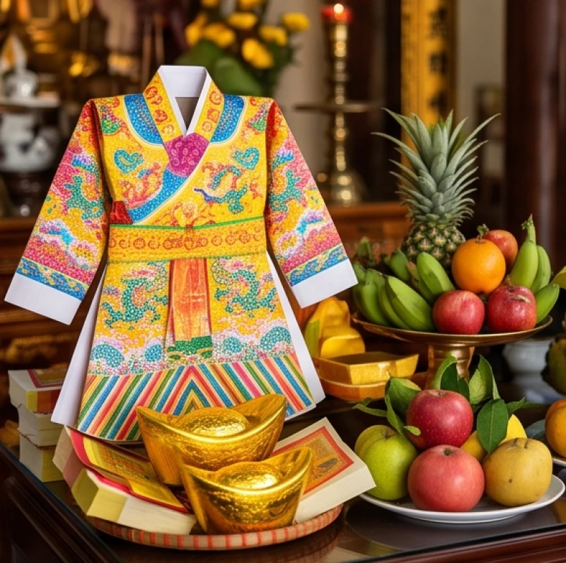 Bộ áo mão bằng giấy tinh xảo cùng các thoi vàng mã chuẩn bị dâng lên Linh Sơn Thánh Mẫu