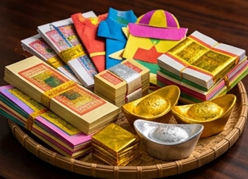 Văn khấn gia tiên mùng 3 Tết chuẩn cổ truyền và quy tắc hóa vàng 9 Các bộ quần áo giấy, tiền âm phủ và thỏi vàng mã được sắp xếp gọn gàng để chuẩn bị cho nghi thức đốt dâng lên