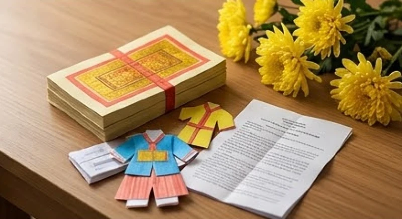 Văn khấn gia tiên rằm tháng 7 chuẩn cổ truyền và cách sắm lễ 4 Bộ tiền vàng mã và quần áo giấy chuẩn bị sẵn sàng để dâng cúng tổ tiên trong ngày rằm