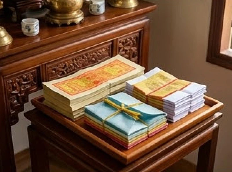 Tiền vàng mã và quần áo giấy được xếp ngay ngắn trên một mâm riêng bên cạnh cỗ cúng