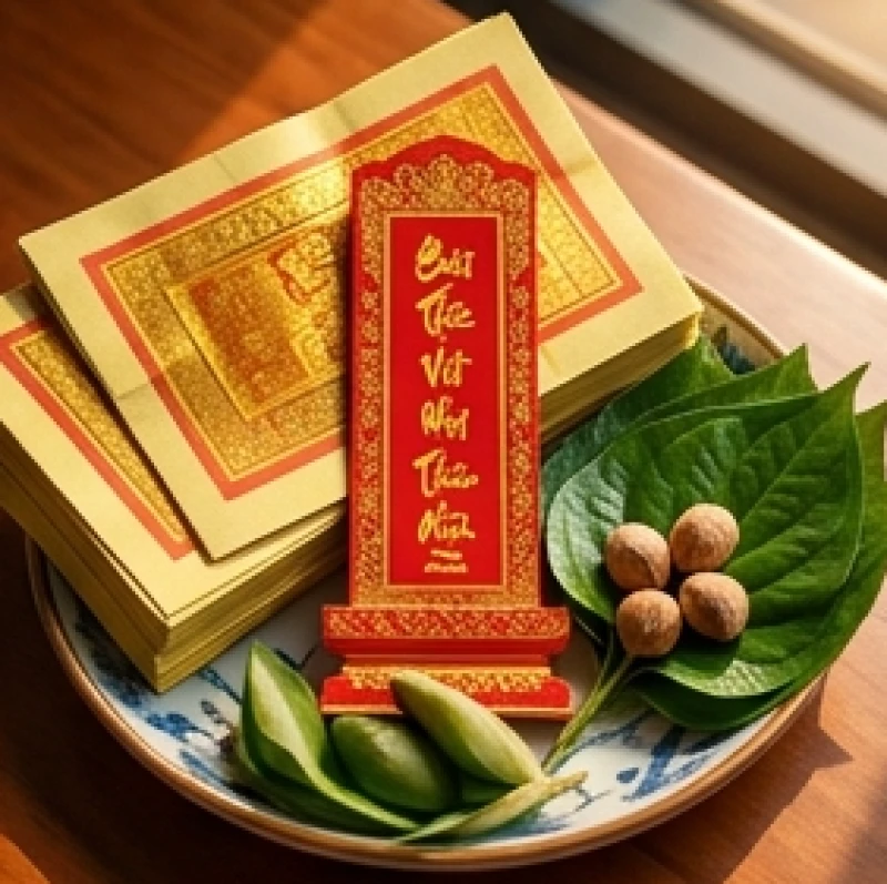Tập tiền vàng mã và bài vị cúng Thần Tài Thổ Địa màu đỏ được xếp gọn gàng trên chiếc mâm lễ cúng