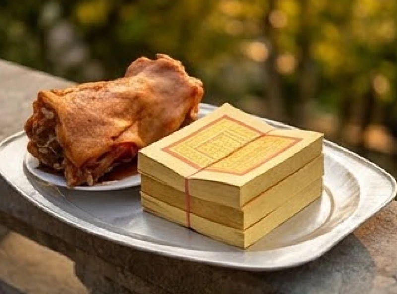 Một xấp tiền vàng mã mỏng mang tính tượng trưng được đặt gọn gàng trên khay nhôm cạnh mâm lễ mặn